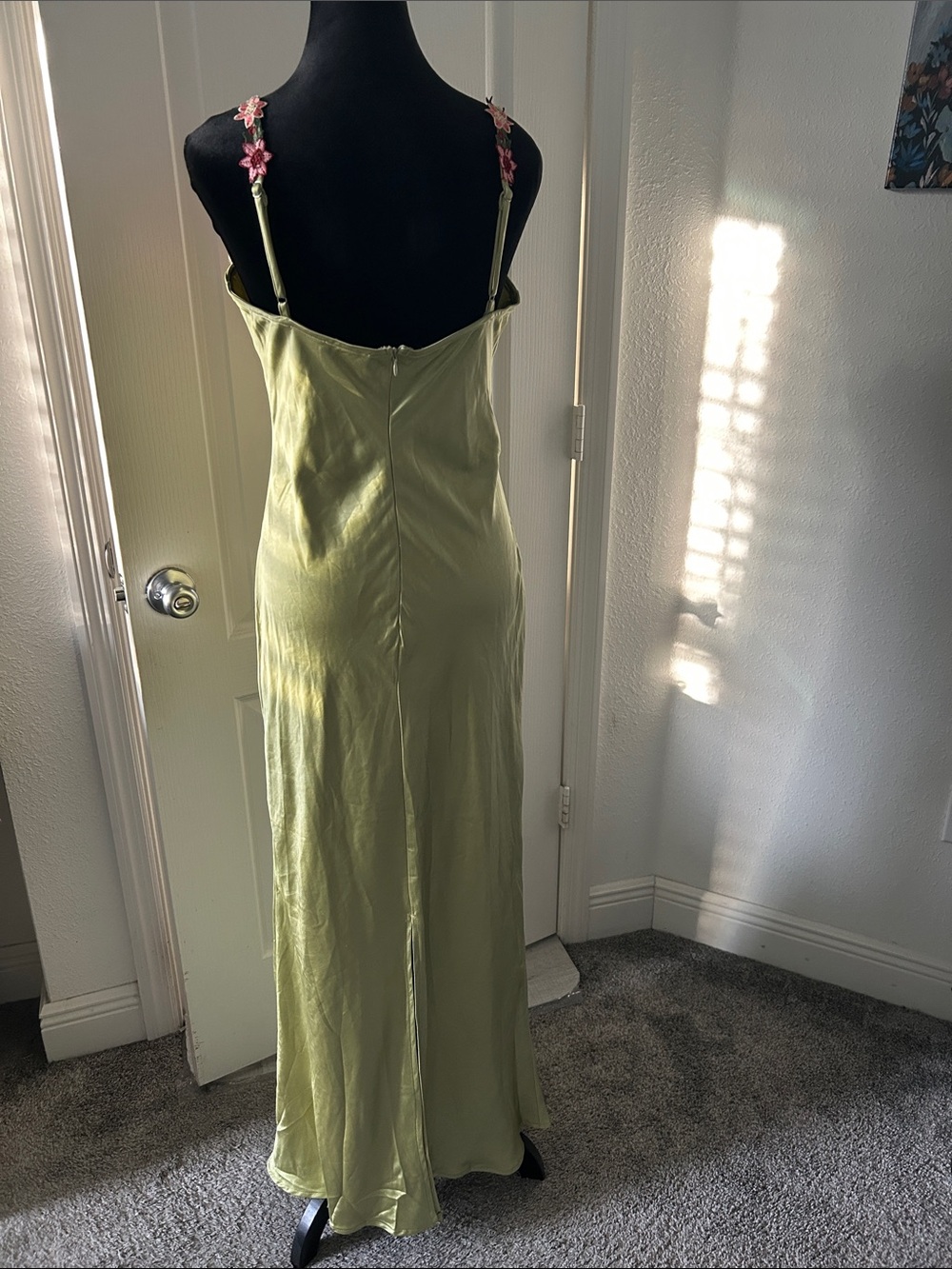 Hello Molly Green Satin Maxi Dress with Pink Floral Trim - Picture 4 of 8